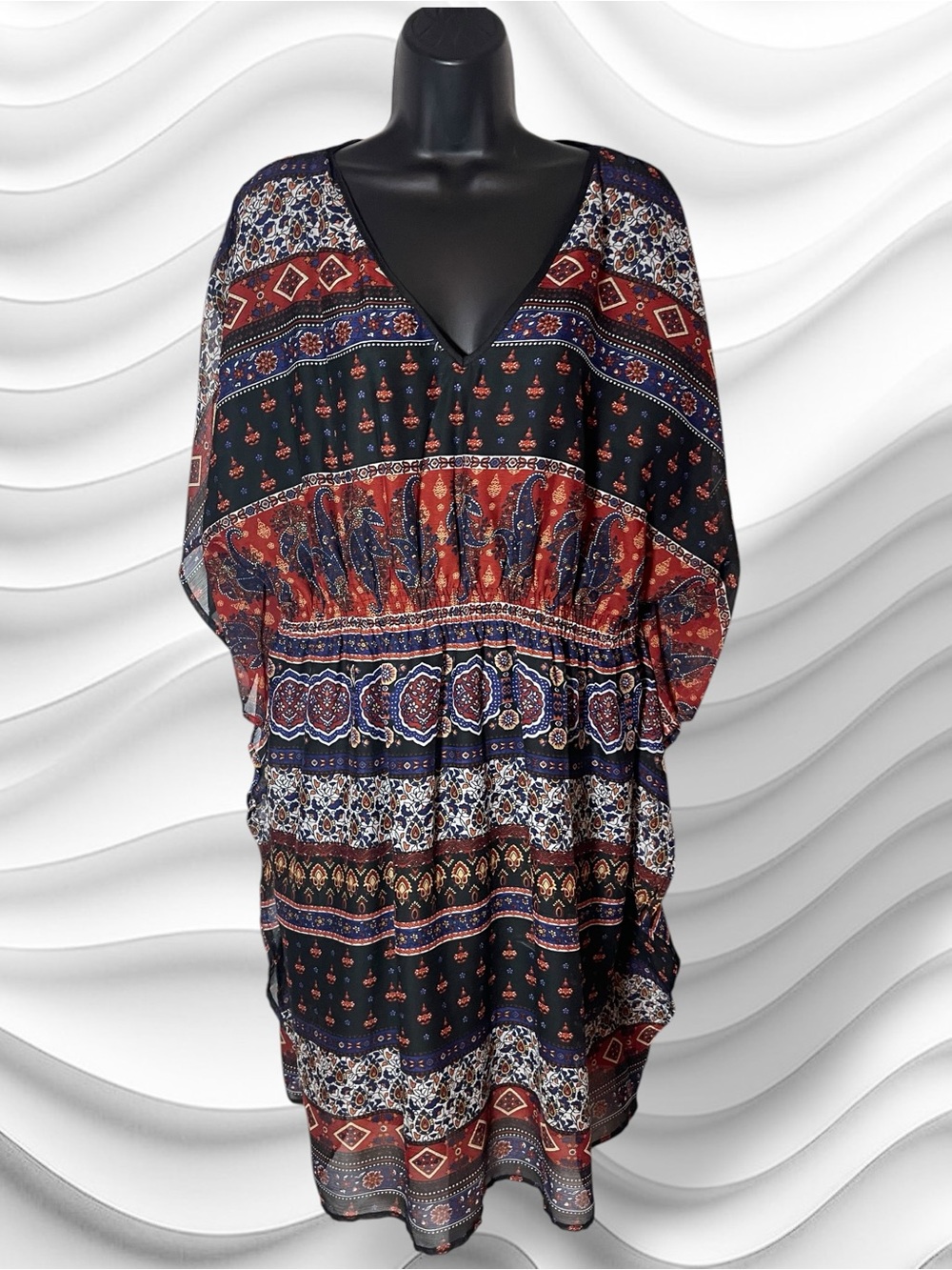 Boho Paisley Mixed Print Kaftan Dress V-Neck Smocked Waist Flutter Sleeve 2X